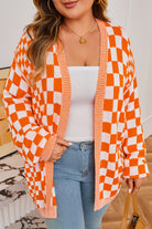 Orange Checkered Plus Size Drop Shoulder Knit Cardigan Plus Size Sweaters&Cardigans 2d8c119cb0633f33