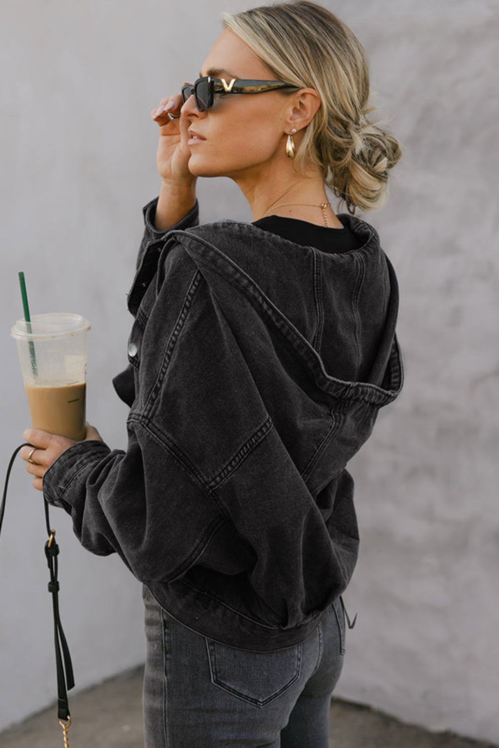 Black Chest Pocket Drop Shoulder Hooded Denim Jacket Jackets 2da5a0514a26e2fa