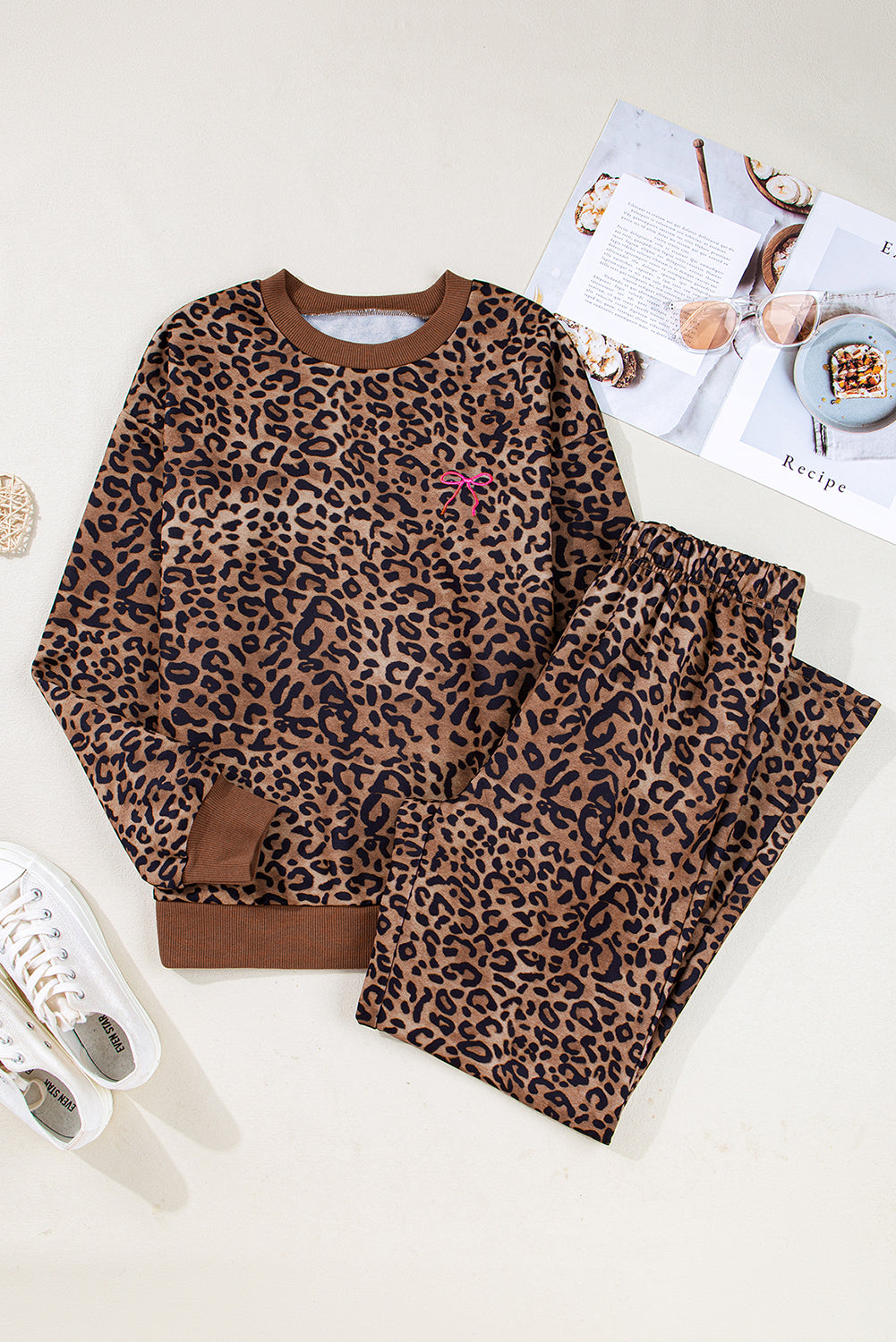 Coffee Allover Leopard Print Contrast Trim Long Sleeve Top and Pants Set Two Piece Pants Sets 2dded37734963954