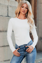 White Ribbed Long Sleeve Crew Neck Solid Color Bodysuit Bodysuit 2de7507be04361b8