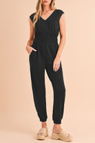 Black Shirred High Waist V Neck Sleeveless Jumpsuit Jumpsuits 2e094f46d33f22f1