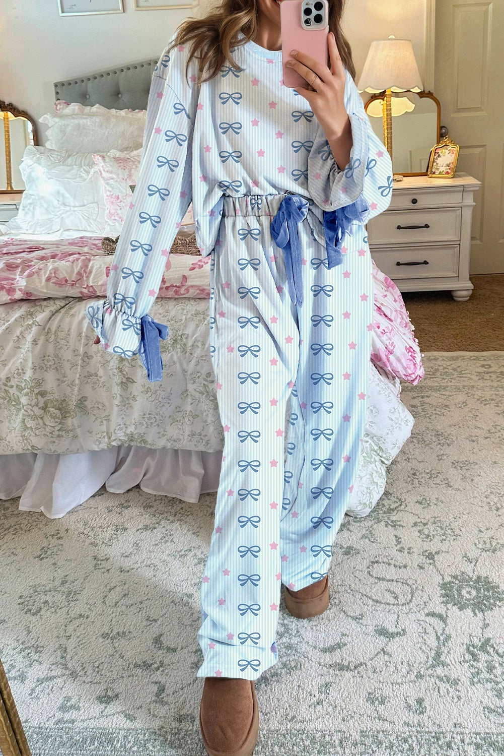 Sky Blue Stripe Bow Star Print Tied Detail 2pcs Lounge Set Loungewear Set 2e2c68348bd63980