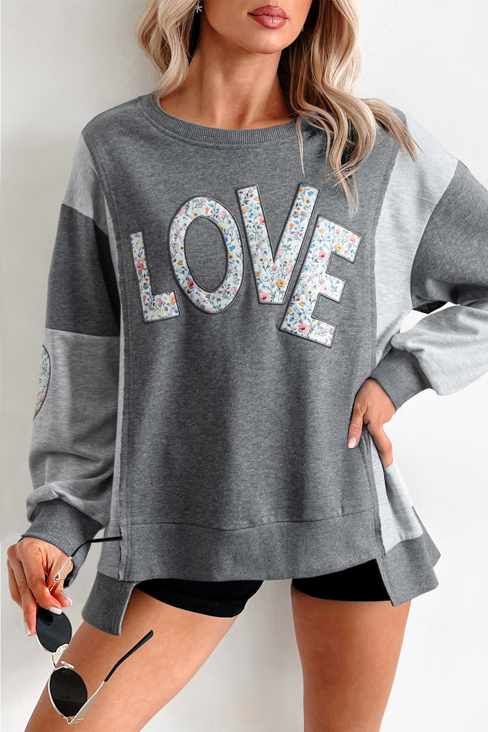 Dark Grey Floral LOVE Graphic Patchwork Uneven Hem Sweatshirt Sweatshirts & Hoodies 2e4b619db1c7e217