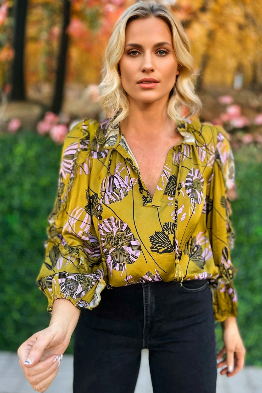 Yellow Vintage Floral V Neck Ruffle Trim Long Sleeve Blouse Blouses 2e70f9b58c215d2a