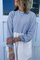 Sky Blue Stripe Patchwork Pleated High Waist Loose Mini Dress Short Dresses 2e9845627e0baec3