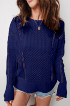 Navy Blue Mix Texture Knit Eyelet Detail Casual Sweater Sweaters 2ea6884d348316cf