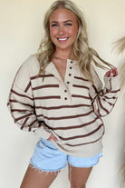 Brown Striped Exposed Seam Loose Henley Sweater Sweaters 2eaefdb57a264899