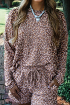 Khaki Leopard Ribbed Long Sleeve Top Drawstring Shorts 2pcs Outfit Short Sets 2edcf35dde52ca0f