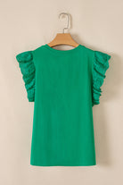 Dark Green Embroidered Ruffle Slim Fit Crew Neck Top Sleeveless Shirts 2f08172d499c9193