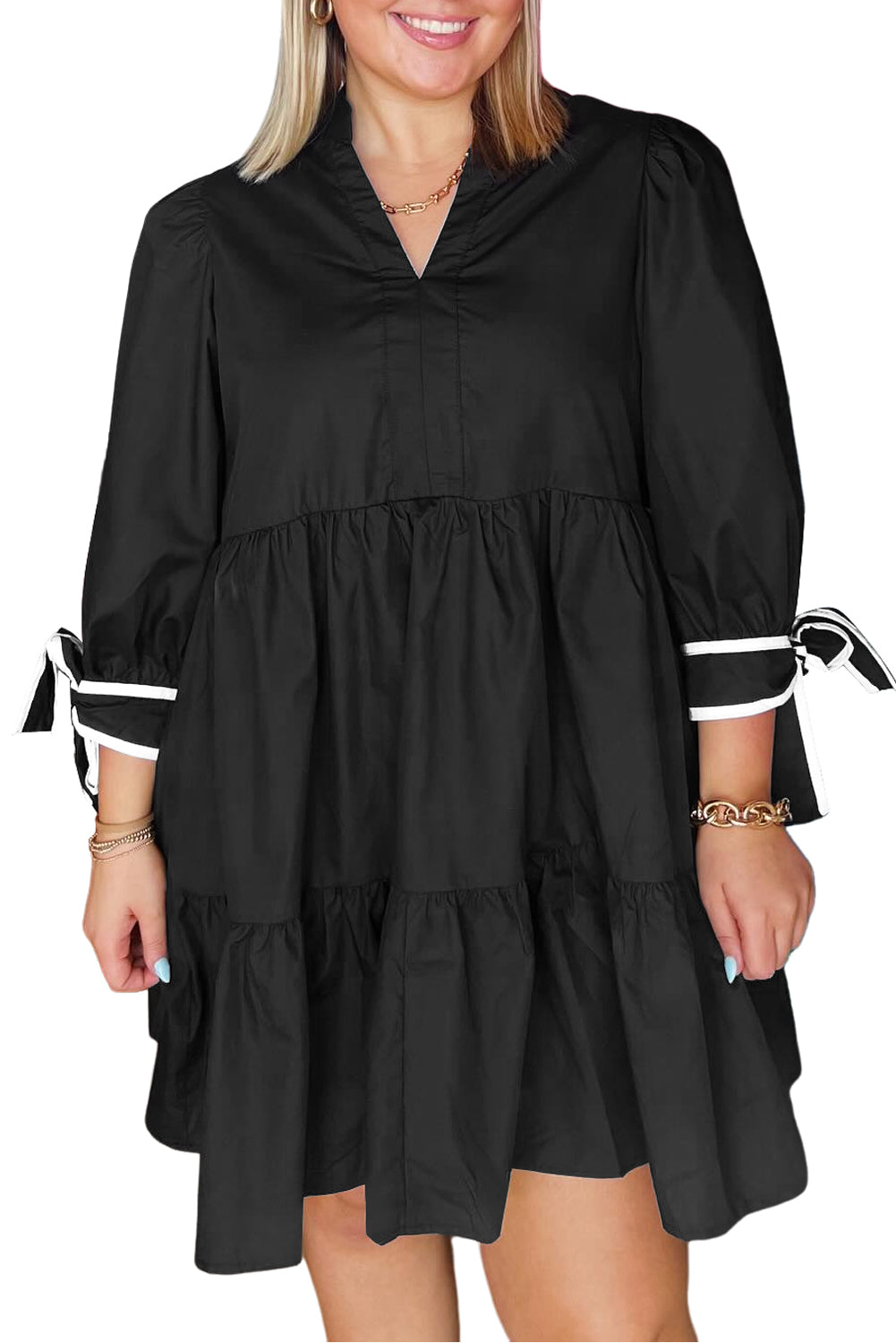 Black Contrast Trim Knot Cuffs Plus Size V Neck Mini Dress Plus Size Dresses 2f0ed853216ade1d