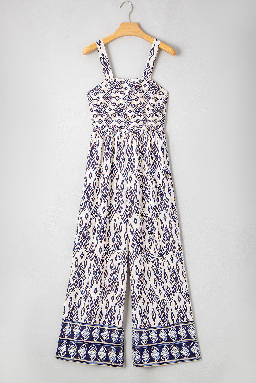 Blue Boho Geometric Print Smocked High Waist Wide Leg Jumpsuit Jumpsuits 2f21e10046829e0d