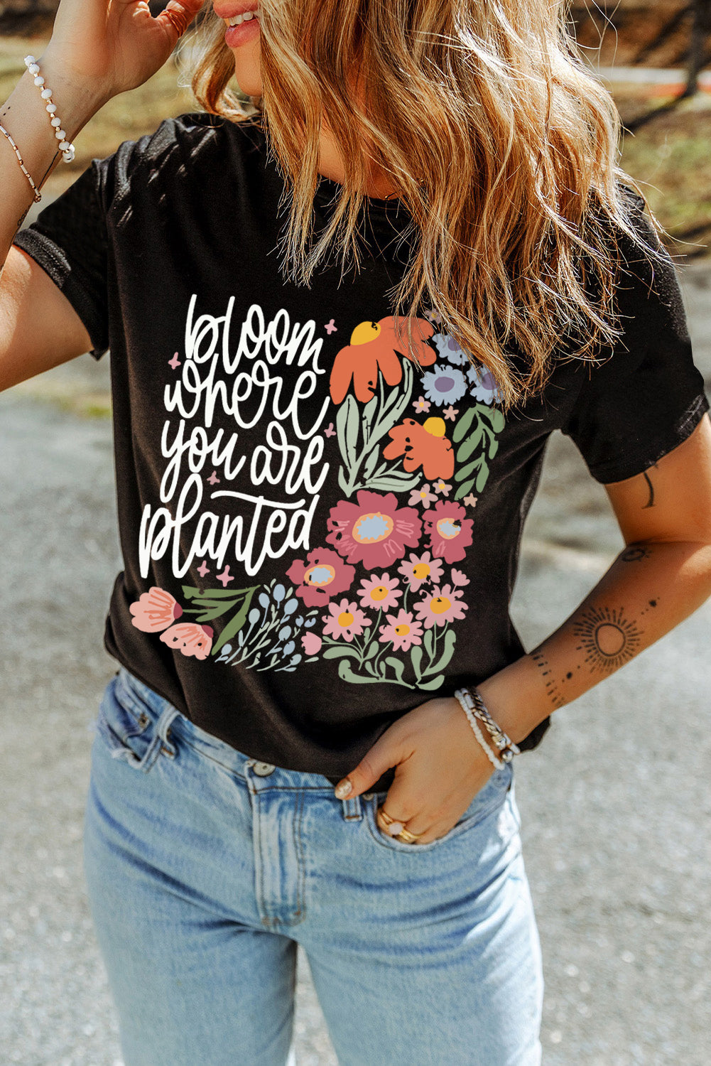 Black bloom where you are planted Floral Heat Transfer Printing T Shirt Graphic Tees 2f22185652450886