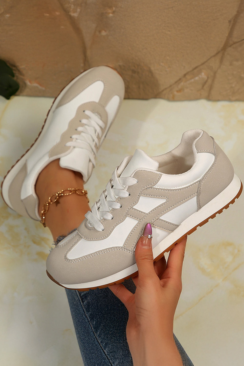 Oatmeal Contrast Lace Up Round Toe Sneakers Sneakers 2f297193e619fba7