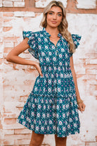 Blue Retro Floral Print Split Neck Ruffle Short Sleeve Dress Short Dresses 2fc5624bde949751