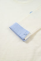 White Plaid Heart Embroidered Cuffed Drop Shoulder Crew Neck Sweater Sweaters 300704b69f5d2bc8