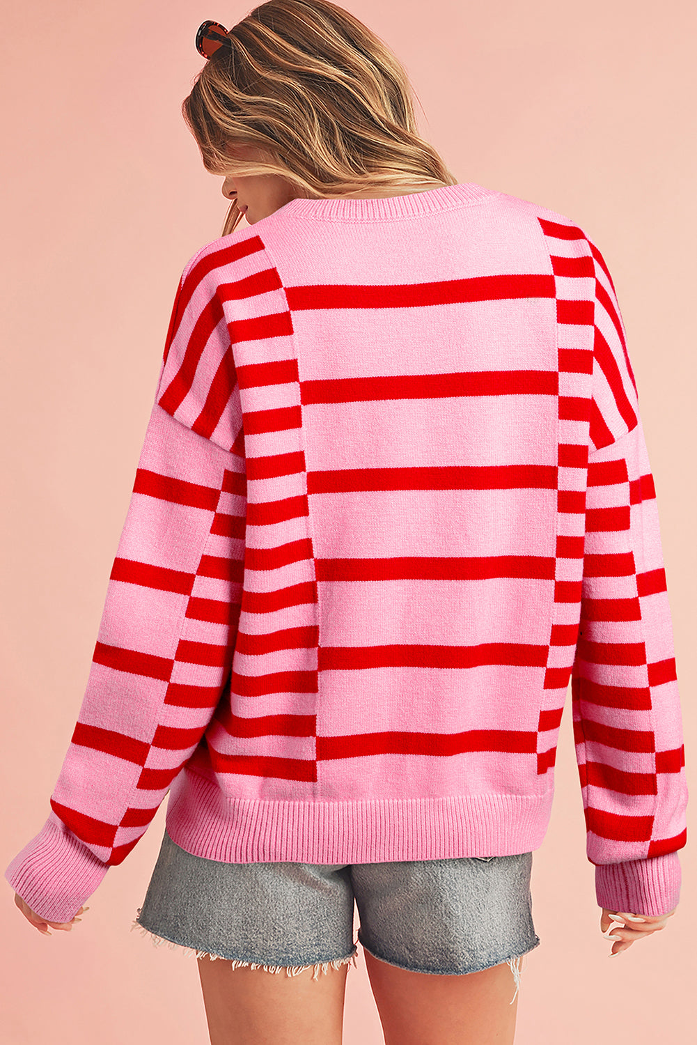 Pink Striped Crewneck Drop Sleeve Knit Sweater Sweaters 3010b80c479245c4