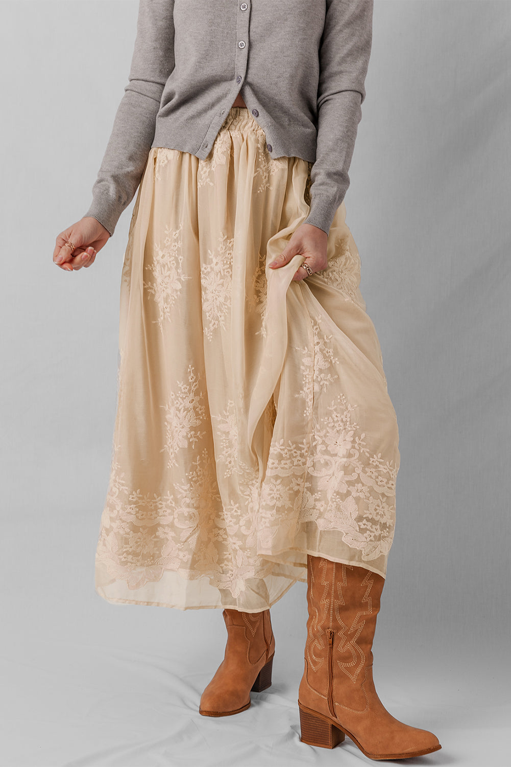 Oatmeal Embroidered Mesh Overlay Flowy Long Skirt Skirts 303d019534ab44c5