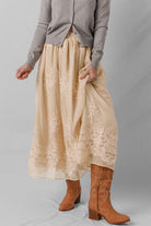 Oatmeal Embroidered Mesh Overlay Flowy Long Skirt Skirts 303d019534ab44c5