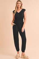 Black Shirred High Waist V Neck Sleeveless Jumpsuit Jumpsuits 3044e07ea8176942