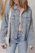 Sky Blue Bow Print Light Wash Raw Hem Denim Jacket Jackets 306e972bb329a10b