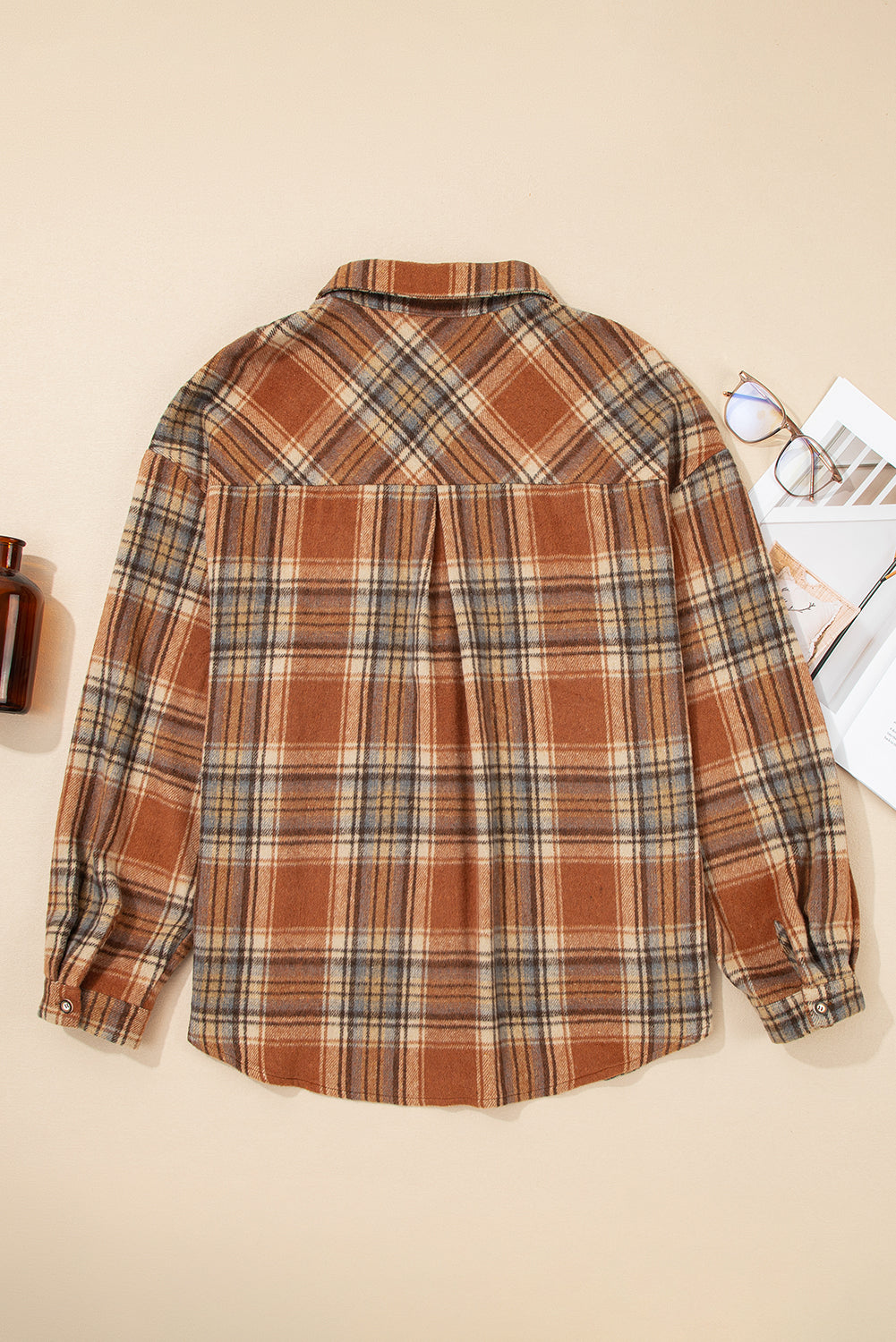 Brown Plaid Print Flap Pocket Button Plus Size Shirt Plus Size Outerwear 3075a3278884fc4d