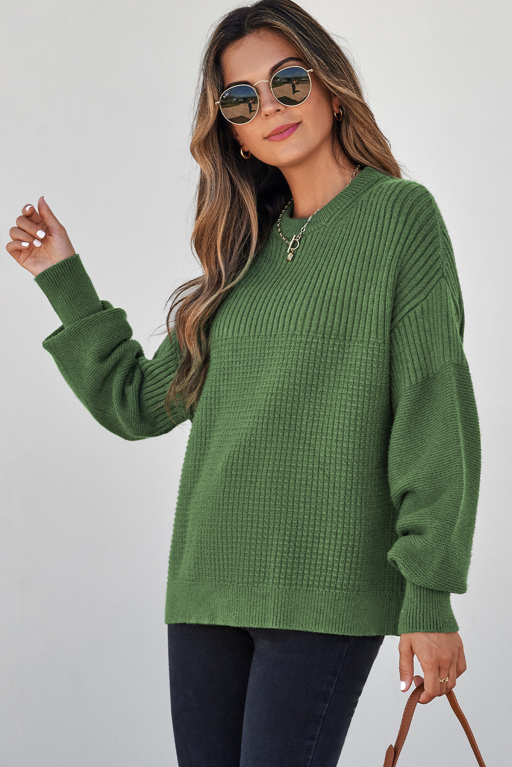 Vineyard Green Solid Color Mixed Textured Knitted Crew Neck Sweater Sweaters 307f7dbc6700fcfc