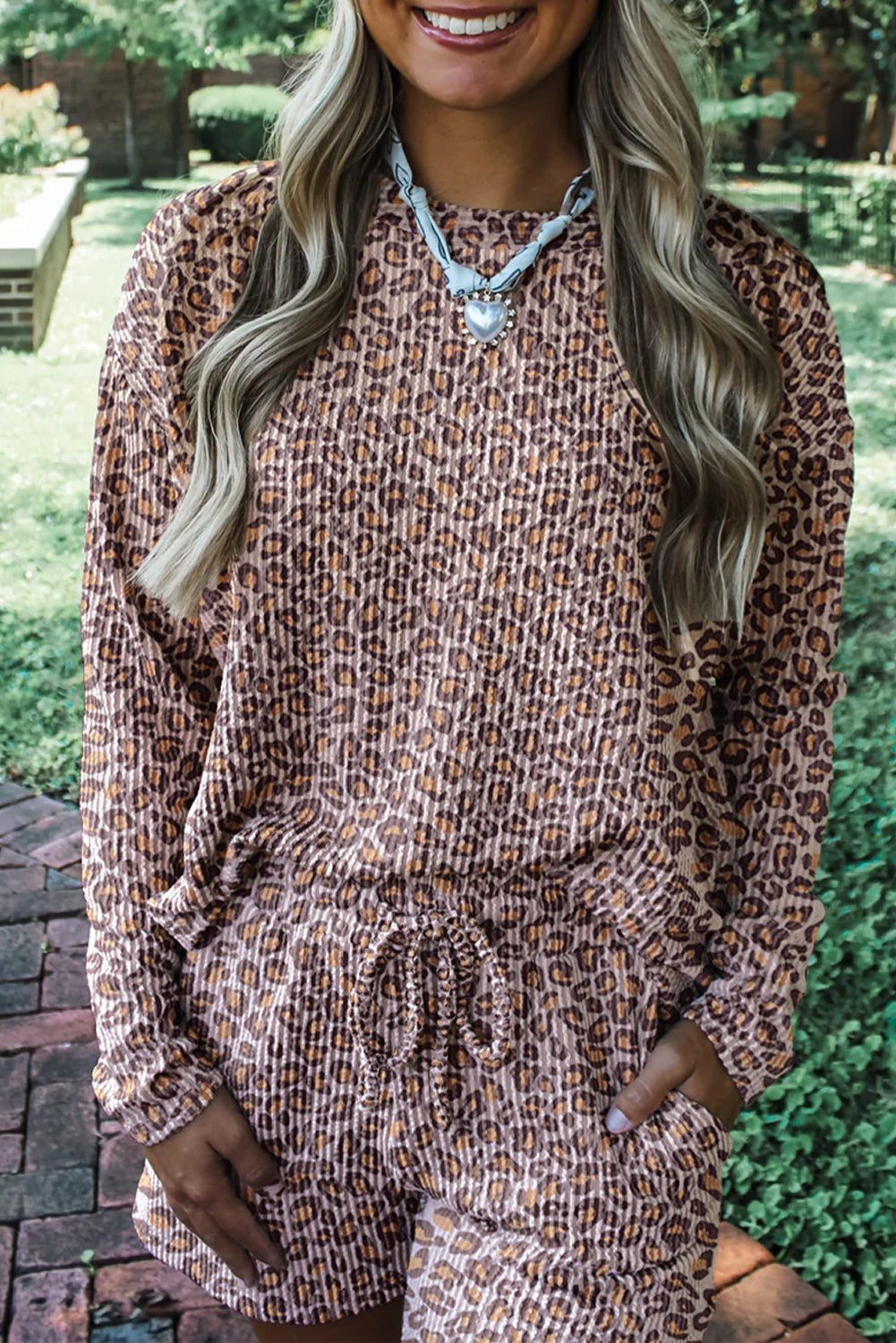 Khaki Leopard Ribbed Long Sleeve Top Drawstring Shorts 2pcs Outfit Short Sets 308272c9f8c03294