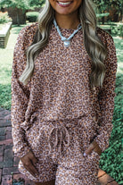 Khaki Leopard Ribbed Long Sleeve Top Drawstring Shorts 2pcs Outfit Short Sets 308272c9f8c03294