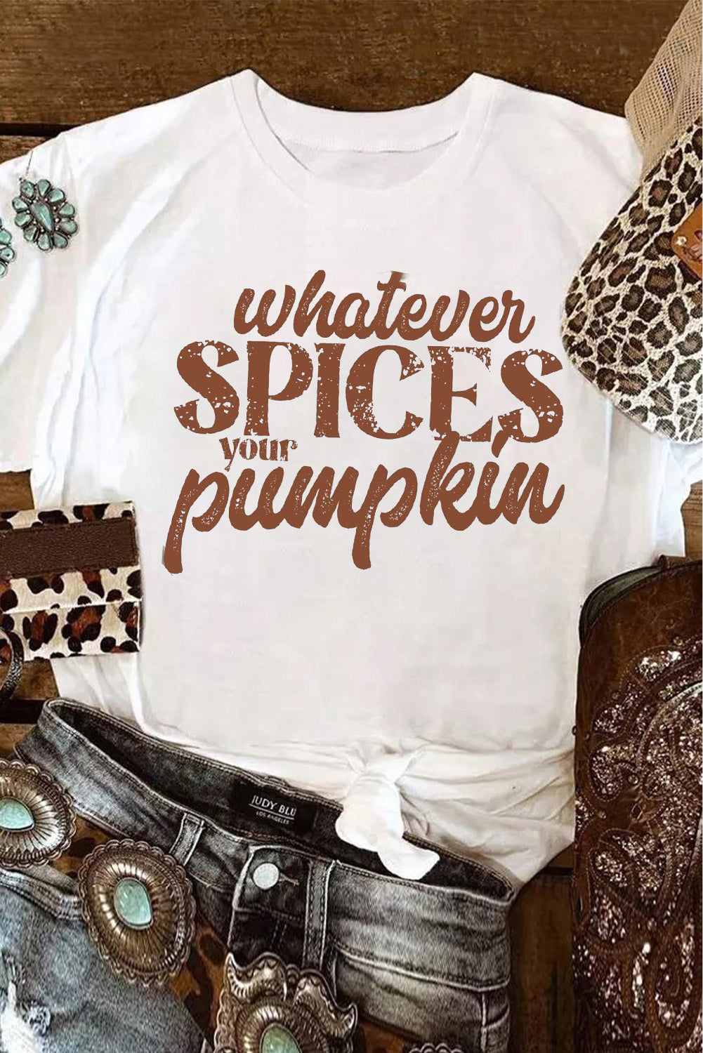 White Whatever Spices Your Pumpkin Letter Print Graphic Tee Graphic Tees 30a7d4a84168dc7d