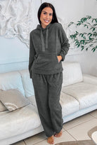 Medium Grey Fuzzy Drawstring Hoodie Lounge Pants 2pcs Set Two Piece Pants Sets 30e1e7ba3f082d6b
