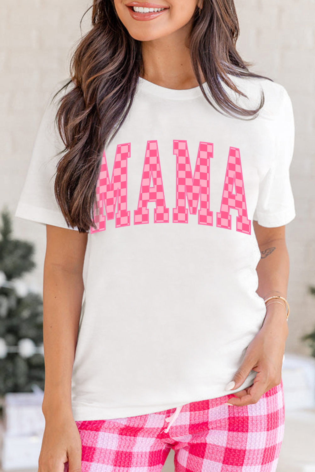 White Checkered MAMA Letter Heat Transfer Printing Graphic T Shirt Graphic Tees 30e57a933a008431
