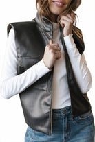 Black Double Flap Pocket Faux Leather Zip Up Stand Neck Vest Jackets 30e7f08d84f6489e