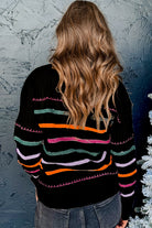 Black Colorful Striped Ribbed Trim Round Neck Sweater Sweaters 30f438ee9ea2f3cc
