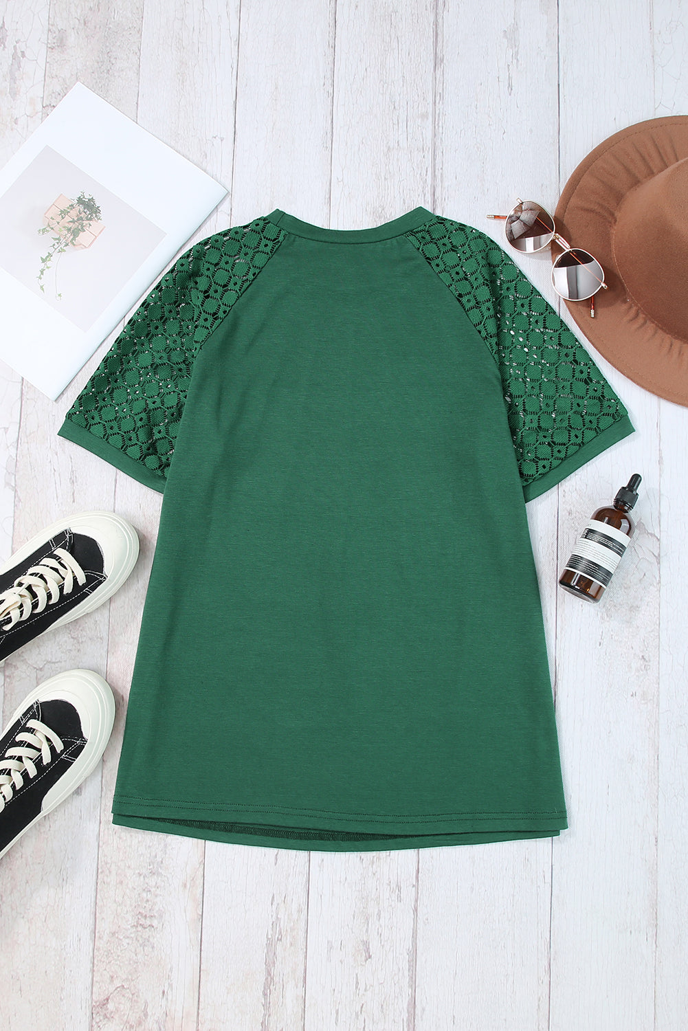 Blackish Green Seamed Detail Contrast Lace Raglan Sleeve Tee T Shirts 30f7d0ec58b6aaf1