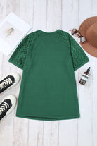 Blackish Green Seamed Detail Contrast Lace Raglan Sleeve Tee T Shirts 30f7d0ec58b6aaf1