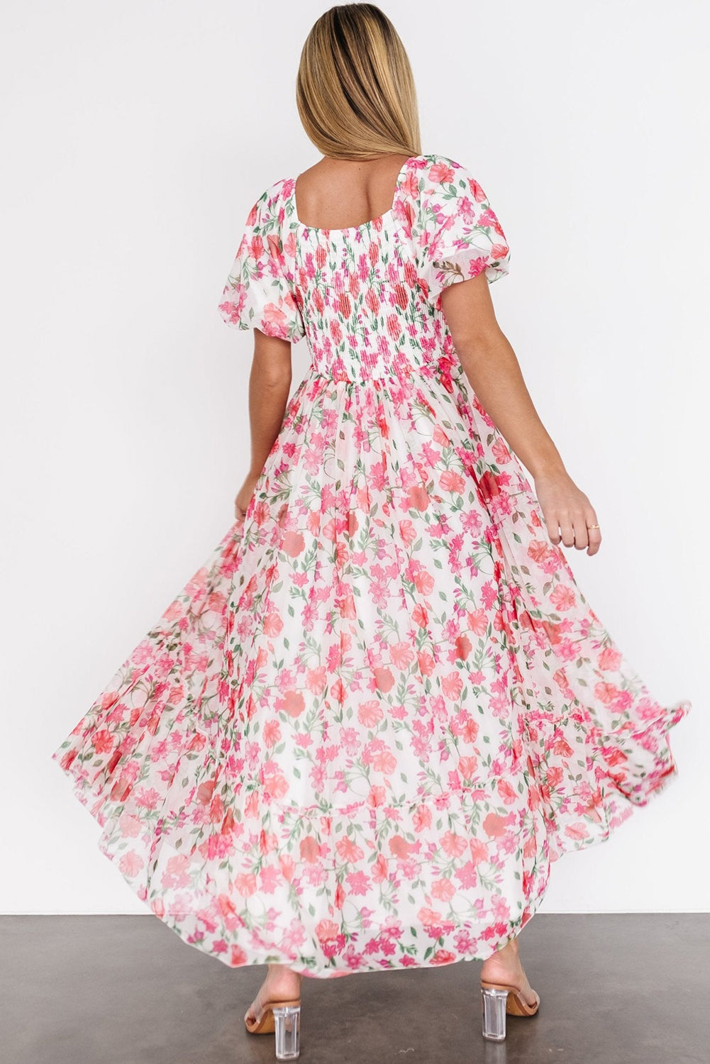 Pink Plus Size Floral Square Neck Puff Sleeve Ruffle Maxi Dress Plus Size Dresses 31136d280ef13873