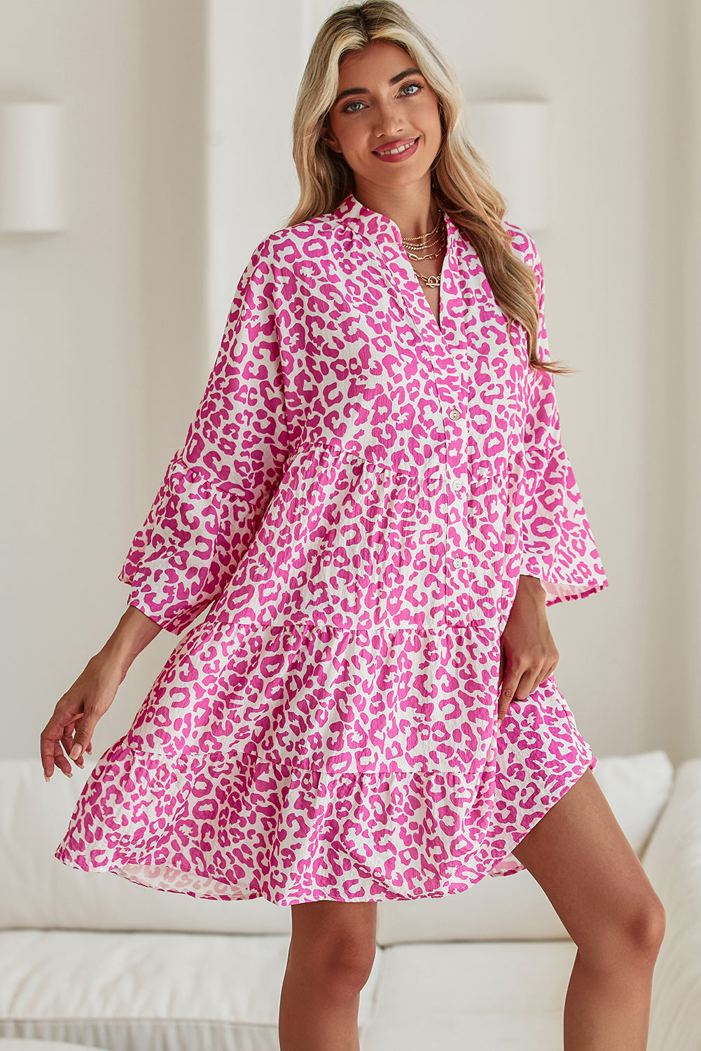 Bright Pink Leopard Print Flounce Sleeve Mini Dress Short Dresses 31262b99caf980c6