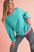 Blue Stripe Contrast Edge Cross Seam Oversized Pullover Sweatshirts & Hoodies 313af7f29bab4aa6