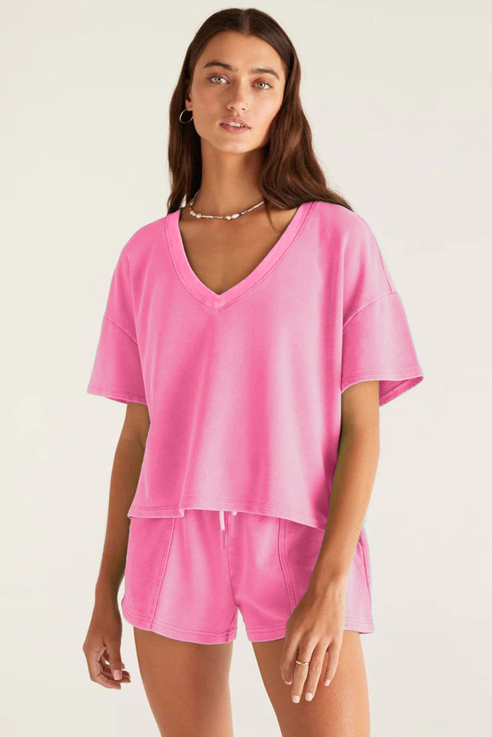 Bonbon V Neck Drop Shoulder Tee and Patchwork Shorts Set Two Piece Shorts Sets 315ea8ac189eaa62