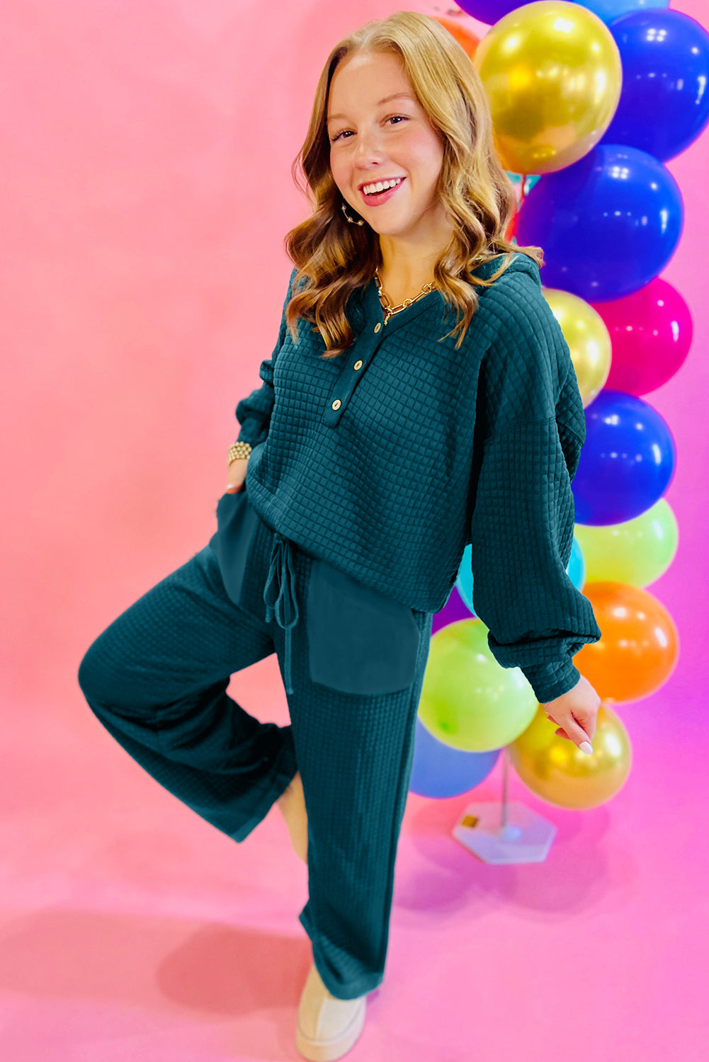 Skobeloff Checkered Texture Hooded Top and Loose Pants Set Two Piece Pants Sets 31a59fd68fd6ce64