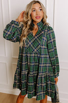 Green Plaid Print Frill Neck Long Sleeve Mini Dress Short Dresses 31b543deef2e0101