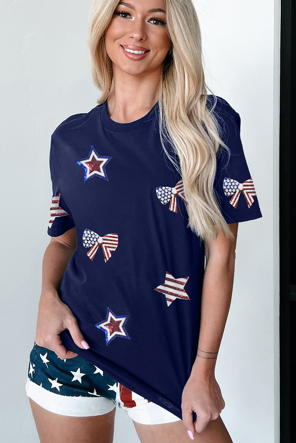 Blue USA Flag Bow Star Sequins Patch Graphic Crewneck T Shirt Graphic Tees 31c89240f4466333