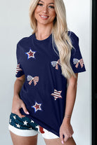 Blue USA Flag Bow Star Sequins Patch Graphic Crewneck T Shirt Graphic Tees 31c89240f4466333