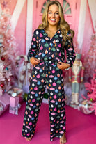 Navy Blue Colorful Christmas Lights Print Shirt and Pants Pajama Set Loungewear Set 31fc23622acdaa5a
