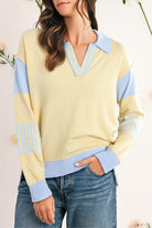 Sky Blue Striped V Neck Collared Colorblock Patchwork Sweater Sweaters 324c9591587b4209