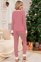 Red Stripe Buttoned V Neck Top and Knotted Waist Pants Pajama Set Loungewear Set 3255239ac13e8558