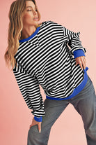 Blue Stripe Contrast Edge Cross Seam Oversized Pullover Sweatshirts & Hoodies 328730af6509401f