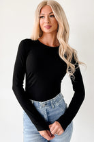 Black Ribbed Long Sleeve Crew Neck Solid Color Bodysuit Bodysuit 3295b3c424f6eef2