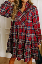 Red Plaid Print Frill Neck Long Sleeve Mini Dress Short Dresses 32a759c019d9206e