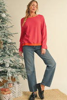 Tomato Red Two Tone Striped Side Buttons Drop Shoulder Top Long Sleeve Tops 32b598a988d40118